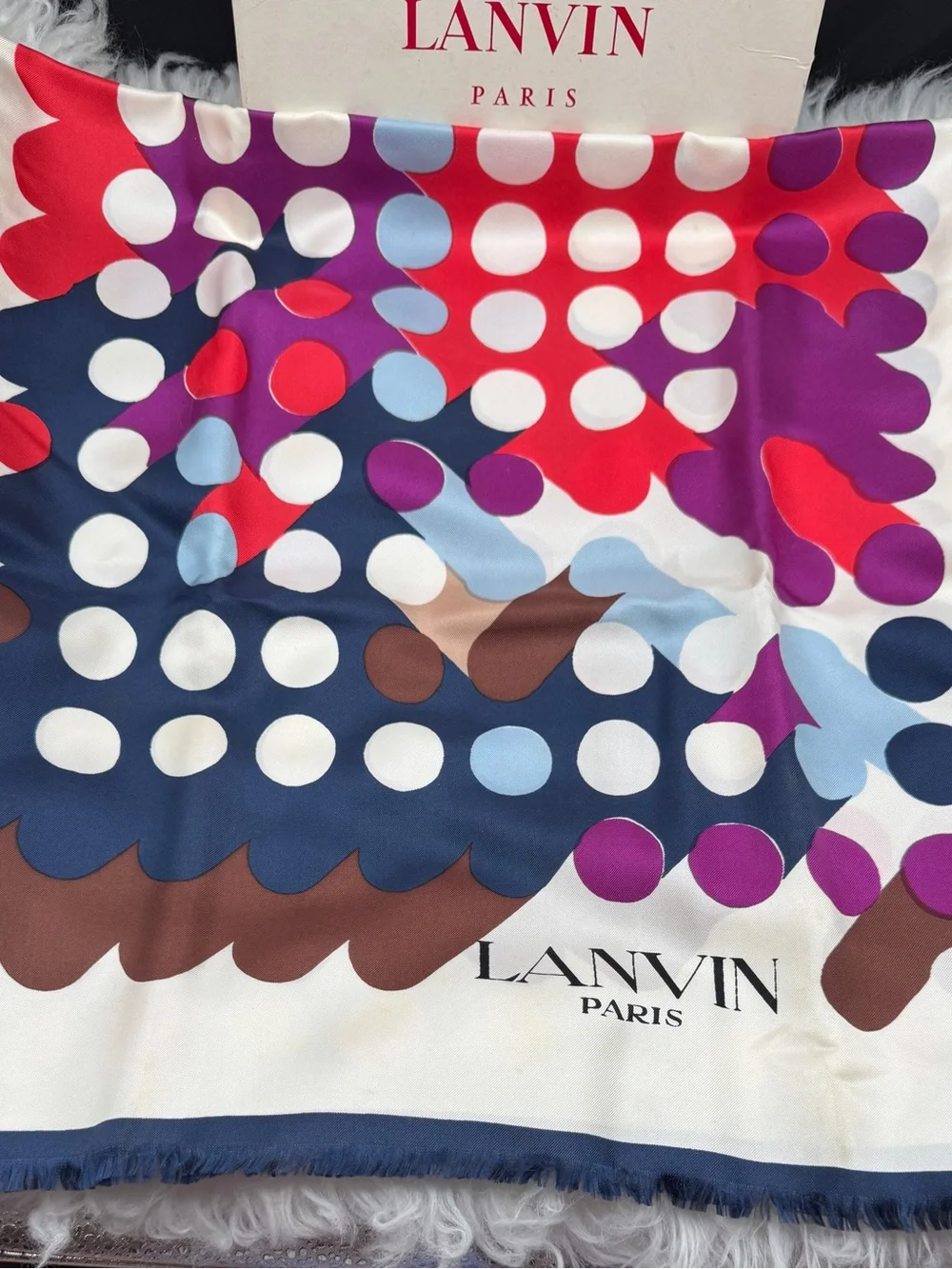 Lanvin Silk Scarf in Navy, Brown, White, Light Blue & Magenta with original box